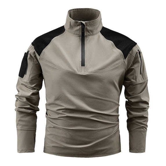 VSSSJ Men's Quarter Zip Pullover Color Block Long Sleeve Stand Collar Outdoor Work Shirt Quick Dry Stretch Hiking Sport Tops Khaki XXXXL