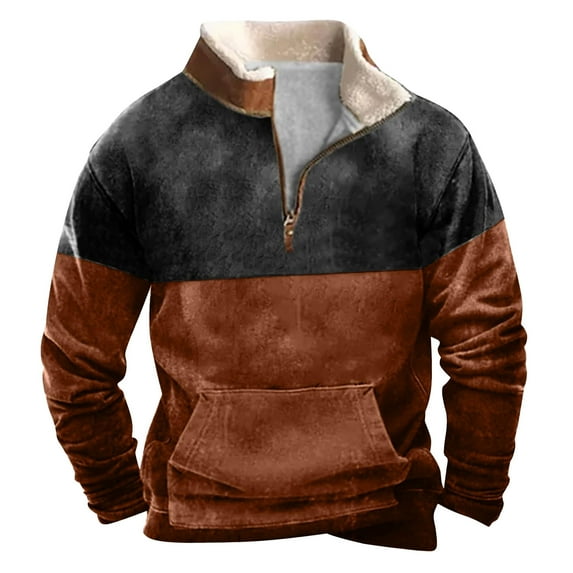 VSSSJ Men's Quarter Zip Pullover Jackets Vintage Sherpa Fleece Stand Collar Sweater Fall Winter Casual Color Block Sweatshirt with Patched Elbow Orange L