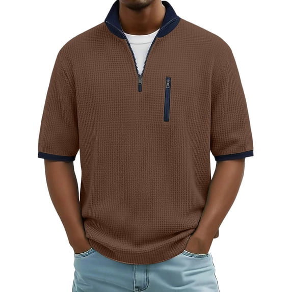 VSSSJ Men's Quarter Zip Pullover Shirt Short Sleeve Casual Waffle Shirts Loose Fit Stand Collar Zipper Pocket Textured Summer Tops Brown XXL