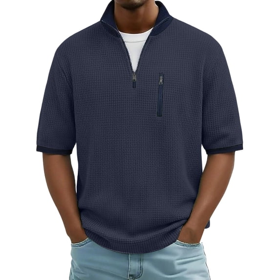 VSSSJ Men's Quarter Zip Pullover Shirt Short Sleeve Casual Waffle Shirts Loose Fit Stand Collar Zipper Pocket Textured Summer Tops Navy XL