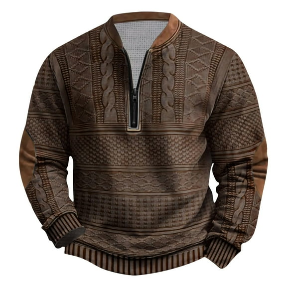 VSSSJ Men's Quarter Zip Sweatshirt Vintage Knit Print Graphic Sweatshirt Stand Collar Long Sleeve Half Zipper Pullover Tops Brown XXL