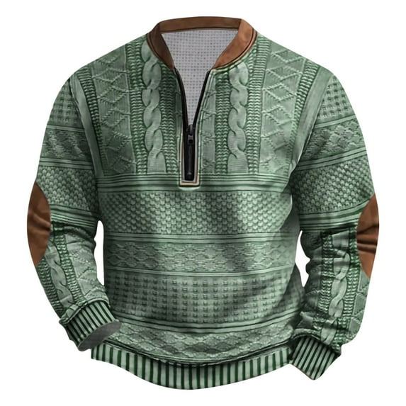 VSSSJ Men's Quarter Zip Sweatshirt Vintage Knit Print Graphic Sweatshirt Stand Collar Long Sleeve Half Zipper Pullover Tops Green XXXL