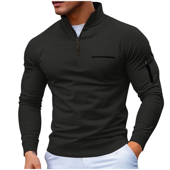 VSSSJ Men's Quarter Zip Up Quilted Sweatshirt Casual Long Sleeve Outdoor Stand Collar Lightweight Pullover Sweatshirts with Pocket Black S