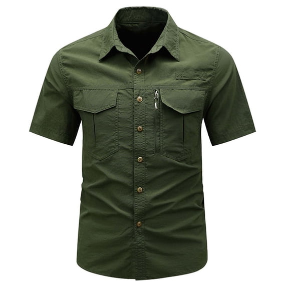 VSSSJ Men's Quick Dry Fishing Shirts Lightweight Short Sleeve Button Down Shirt Multi-Pockets Breathable Outdoor Hiking Work Shirts Army Green M