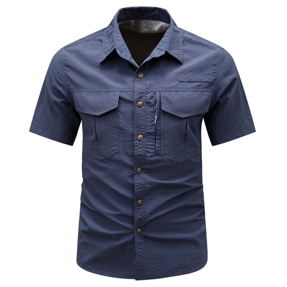 VSSSJ Men's Quick Dry Fishing Shirts Lightweight Short Sleeve Button Down Shirt Multi-Pockets Breathable Outdoor Hiking Work Shirts Dark Blue XXL