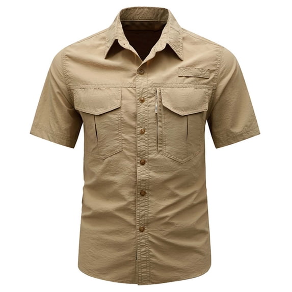 VSSSJ Men's Quick Dry Fishing Shirts Lightweight Short Sleeve Button Down Shirt Multi-Pockets Breathable Outdoor Hiking Work Shirts Khaki L
