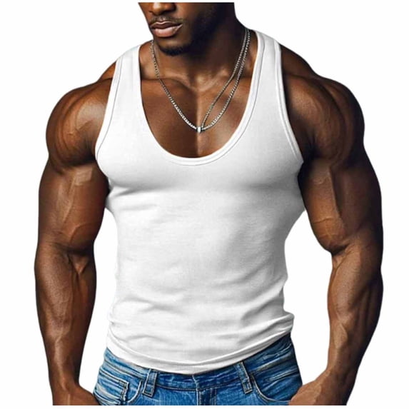 VSSSJ Men's Racerback Tank Tops Casual Ribbed Workout Sleeveless Shirts Moisture Wicking Lightweight Running Gym Muscle Shirts White XL
