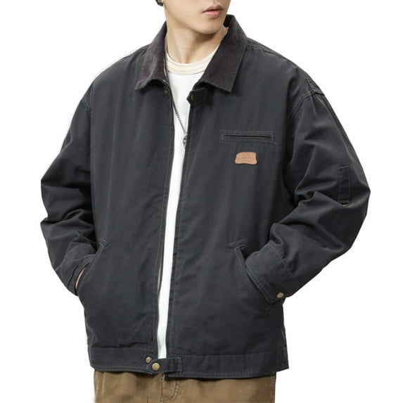 VSSSJ Men's Retro Cargo Jackets Plus Size Solid Color Zip Up Lapel Collar Jackets Fashion Lightweight Street Style Outwear with Pocket Gray XL