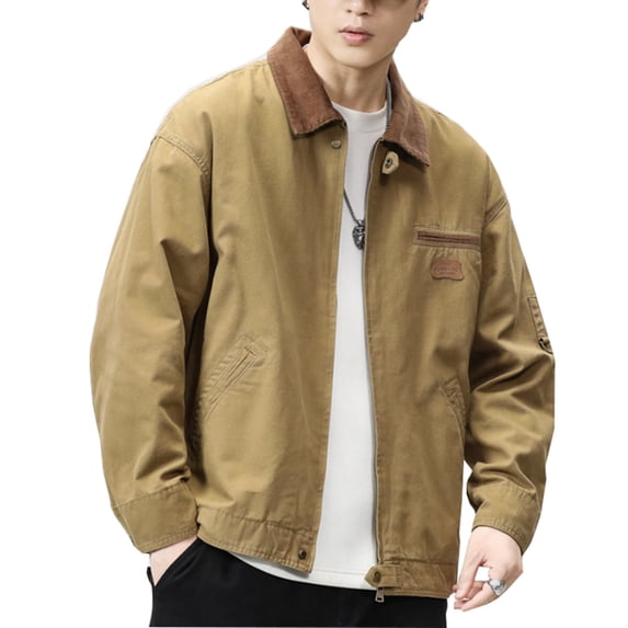 VSSSJ Men's Retro Cargo Jackets Plus Size Solid Color Zip Up Lapel Collar Jackets Fashion Lightweight Street Style Outwear with Pocket Khaki S