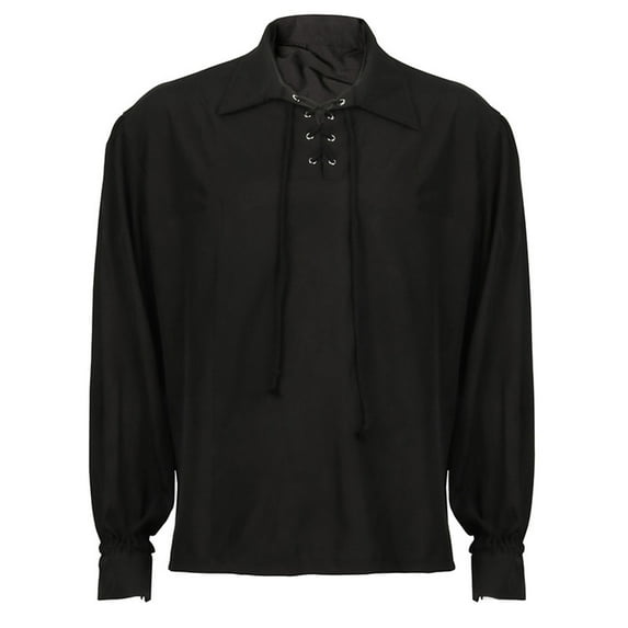 VSSSJ Men's Retro Shirts Regular Fit Solid Color Lace-Up Long Sleeve Collared Dress Shirt Fashion Stage Performance Pullover Tops Black L