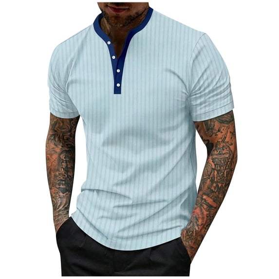 VSSSJ Men's Ribbed Henley Shirt Short Sleeve Relaxed Fit Muscle T-Shirts V Neck Button up Casual Lightweight Summer Tops Shirts Sky Blue XL