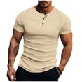 thumbnail image 1 of VSSSJ Men's Ribbed Knit Henley Shirt Slim Fit Short Sleeve Muscle Shirt Casual Crew Neck Button Up Lightweight Summer Basic T-Shirt Khaki S, 1 of 6