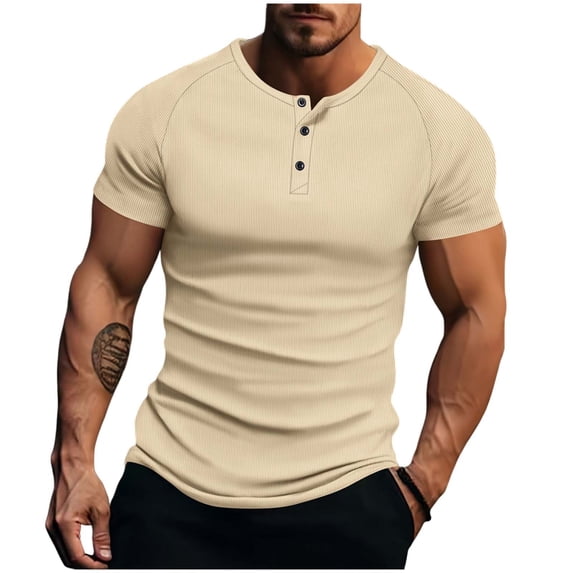 VSSSJ Men's Ribbed Knit Henley Shirt Slim Fit Short Sleeve Muscle Shirt Casual Crew Neck Button Up Lightweight Summer Basic T-Shirt Khaki S