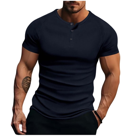 VSSSJ Men's Ribbed Knit Henley Shirt Slim Fit Short Sleeve Muscle Shirt Casual Crew Neck Button Up Lightweight Summer Basic T-Shirt Navy XL