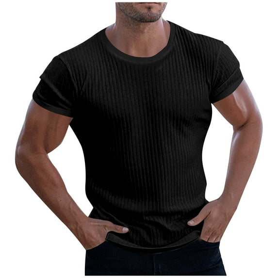 VSSSJ Men's Ribbed Knit T Shirts Short Sleeve Crew Neck Slim Fit Stretchy Muscle Shirts Casual Breathable Fitness Workout Basic Solid Tee Tops Black XXXXL