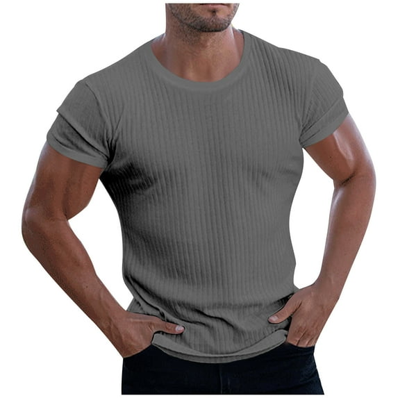 VSSSJ Men's Ribbed Knit T Shirts Short Sleeve Crew Neck Slim Fit Stretchy Muscle Shirts Casual Breathable Fitness Workout Basic Solid Tee Tops Dark Gray XL