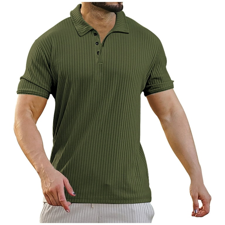VSSSJ Men s Ribbed Knitted Polo Shirt Button Up Short Sleeve Casual Solid Color Big And Tall Tshirts Slim Fit Muscle Turndown Collar Versatile