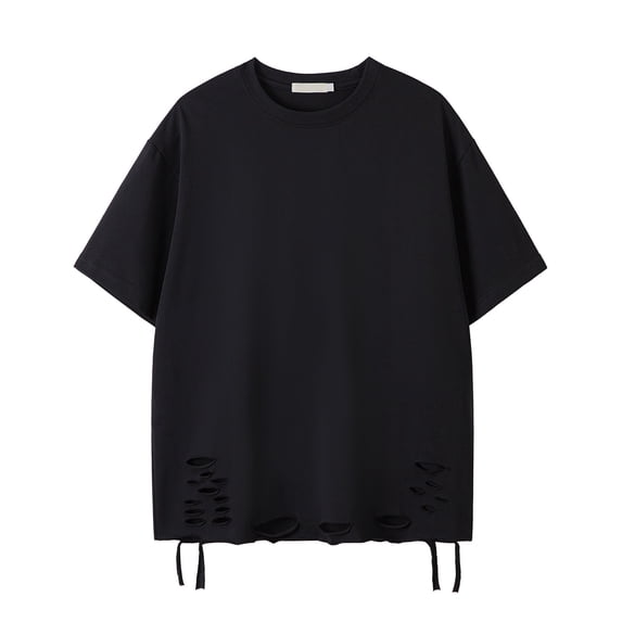VSSSJ Men's Ripped T-Shirt Hipster Short Sleeves Summer Fashion Cool Tee Round Neck Loose Fit Solid Color Comfortable Cotton Tshirt Top Black XL