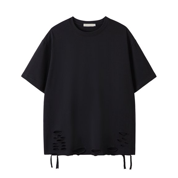 VSSSJ Men's Ripped T-Shirt Hipster Short Sleeves Summer Fashion Cool Tee Round Neck Loose Fit Solid Color Comfortable Cotton Tshirt Top Black XXL