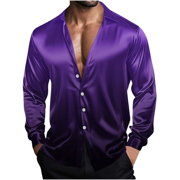 VSSSJ Men's Satin Dress Shirts Vintage Gradient Color Long Sleeve Formal Shirts Button Down Regular Fit Party Wedding Shirt Purple M