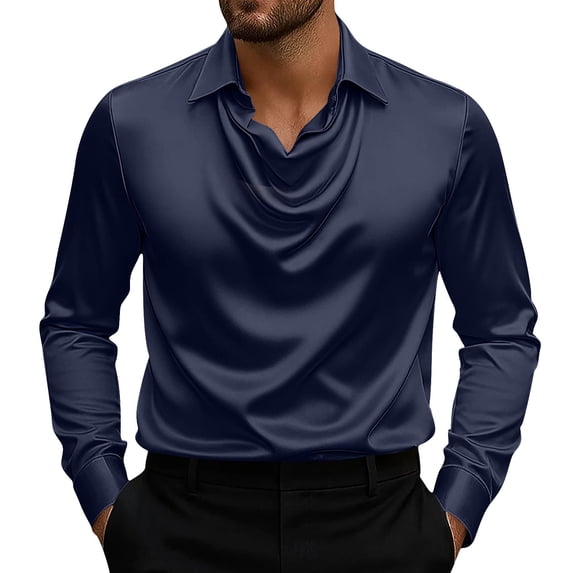 VSSSJ Men's Satin Shirts Cowl Neck Vintage Elegant Solid Shirt Long Sleeve Lapel Casual Dressy Business Formal Wedding Shirts Tops Dark Blue XXL