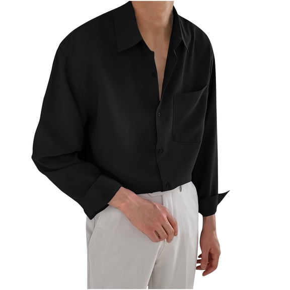 VSSSJ Men's Satin Shirts Long Sleeve Button Down Casual Shirt Relaxed Fit Lapel Collar Comfortable Trendy Simple Prom Party Shirt with Pocket Black XL