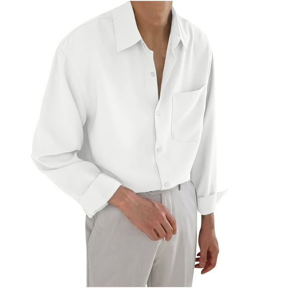 VSSSJ Men's Satin Shirts Long Sleeve Button Down Casual Shirt Relaxed Fit Lapel Collar Comfortable Trendy Simple Prom Party Shirt with Pocket White XL
