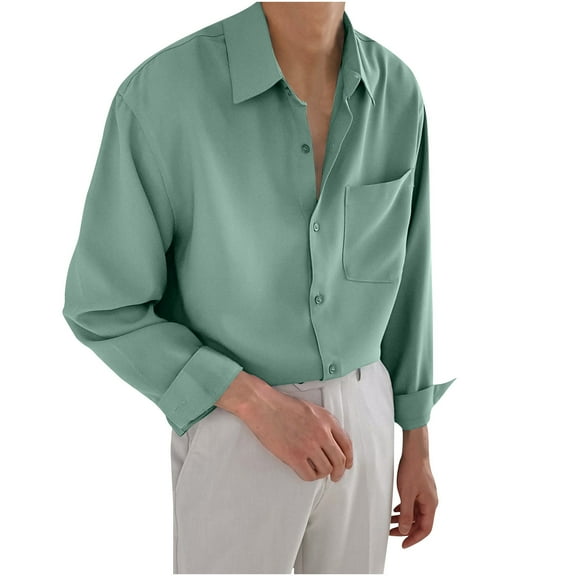 VSSSJ Men's Satin Shirts Long Sleeve Button Down Casual Shirt Relaxed Fit Lapel Collar Comfortable Trendy Simple Prom Party Shirt with Pocket Green L