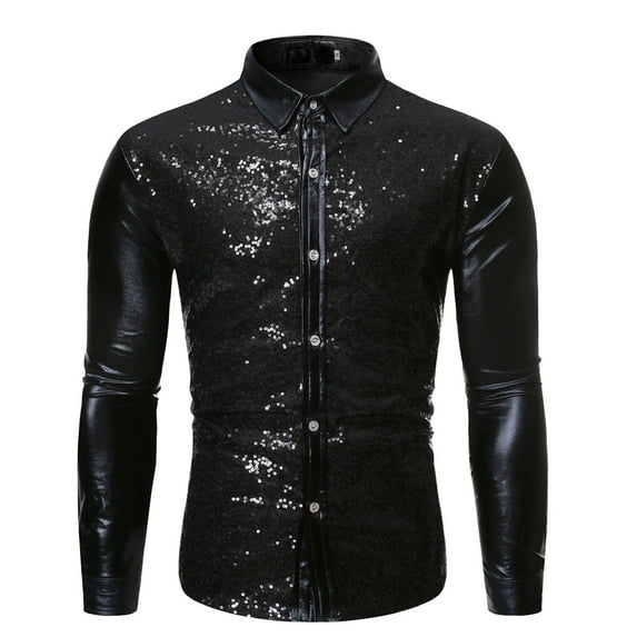 VSSSJ Men's Sequin Shirts Loose Cool Solid Color Long Sleeve Button Down Collared Shirt Leisure Stylish Nightclub Stage Performance Top Blouse Black S