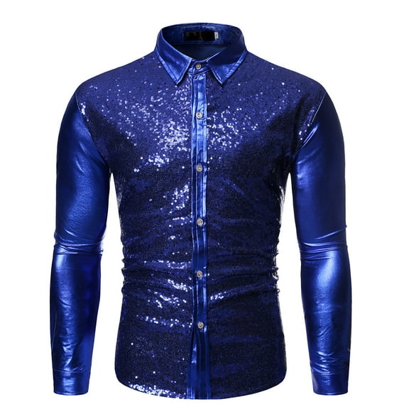 VSSSJ Men's Sequin Shirts Loose Cool Solid Color Long Sleeve Button Down Collared Shirt Leisure Stylish Nightclub Stage Performance Top Blouse Dark Blue S