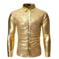 thumbnail image 1 of VSSSJ Men's Sequin Shirts Loose Cool Solid Color Long Sleeve Button Down Collared Shirt Leisure Stylish Nightclub Stage Performance Top Blouse Gold S, 1 of 3