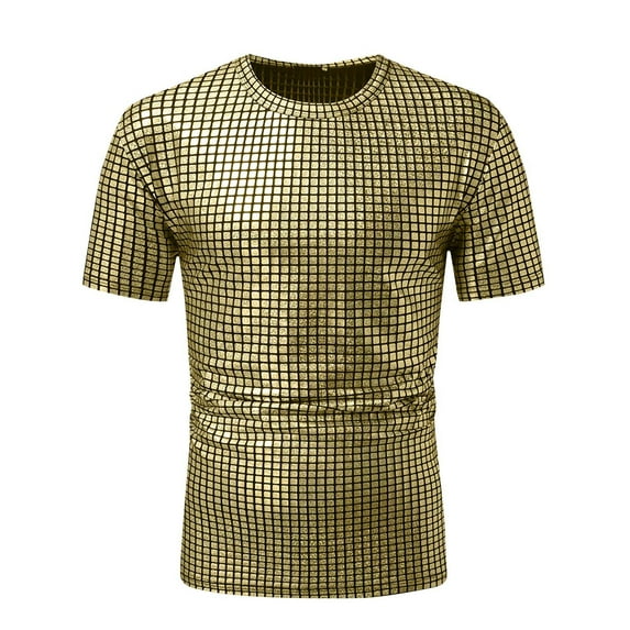 VSSSJ Men's Sequins Shirt Round Neck Short Sleeve Sparkle Shirts Shiny 70s Disco Nightclub Party T-Shirts Tops Gold XL