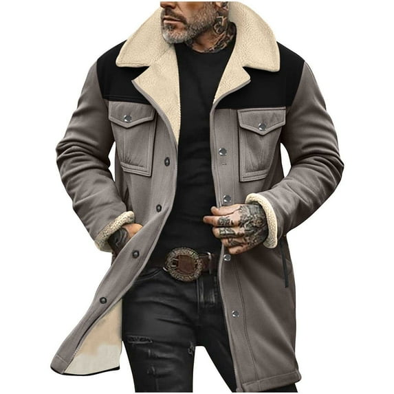 VSSSJ Men's Sherpa Lined Faux Leather Jacket Vintage Suede Button Pocket Reversed Collar Warm Thick Winter Jacket Mens Outdoor Jacket Coat Gray XXL
