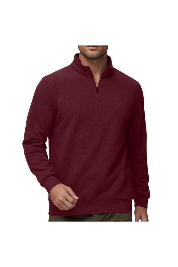 Men's Sherpa Lined Sweatshirts Quarter Zip Stand Collar Long Sleeve Fleece Thickened Pullover Winter Warm Sweatshirts Wine S