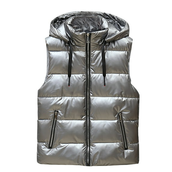 VSSSJ Men's Shiny Shawl Vest Oversized Fit Solid Color Sleeveless Zip Up Drawstring Hooded Waistcoats Fashion Warm Winter Cotton Vest Gray XXL