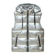 VSSSJ Mens Shiny Shawl Vest Oversized Fit Solid Color Sleeveless Zip Up Drawstring Hooded Waistcoats Fashion Warm Winter Cotton Vest Silver XXL