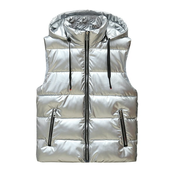 VSSSJ Men's Shiny Shawl Vest Oversized Fit Solid Color Sleeveless Zip Up Drawstring Hooded Waistcoats Fashion Warm Winter Cotton Vest Silver XXXXXL