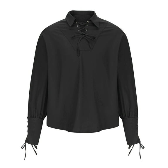 VSSSJ Men's Shirts Big and Tall Retro Lace-Up Long Sleeve Collared Solid Color Gothic Tops Fashion Trendy Stage Performance Lounge Shirt Black XL