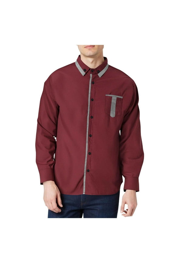 Men's Shirts Casual Loose Fit Fashion Pocket Button Up Long Sleeve Lapel Collar Shirt Comfortable Stylish Office Work Shirt Wine M