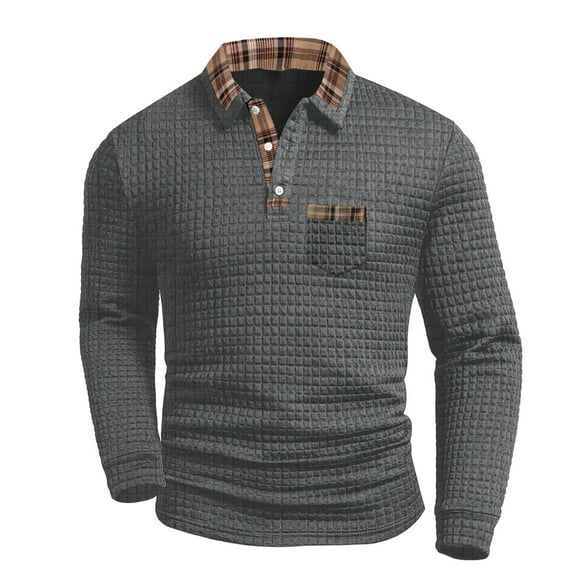VSSSJ Men's Shirts Long Sleeve Casual Waffle Lapel Collar T-Shirts Plaid Button Regular Fit Golf Shirt with Pocket Gray M