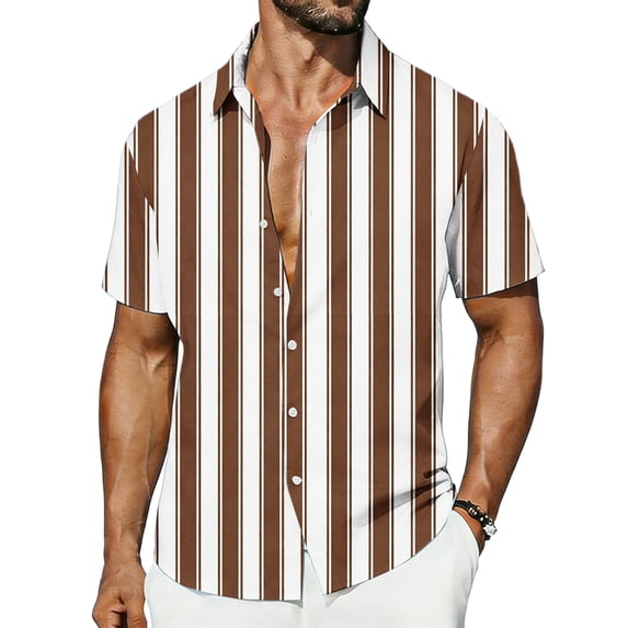 VSSSJ Men's Short Sleeve Casual Shirts Button Down Striped Summer Shirts Relaxed Fit Collared Comfortable Vacation Beach Shirt Coffee L