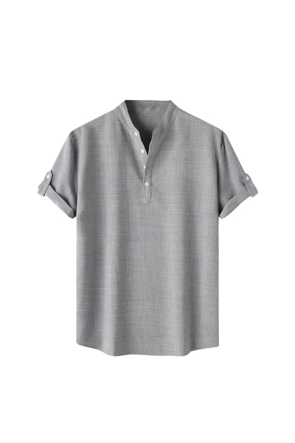 Men's Short Sleeve Henley Shirts Lightweight Button Up Band Collar Beach Shirt Casual Summer Solid Hawaiian Vacation Shirt Top Gray S