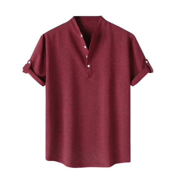 VSSSJ Men's Short Sleeve Henley Shirts Lightweight Button Up Band Collar Beach Shirt Casual Summer Solid Hawaiian Vacation Shirt Top Red XXL