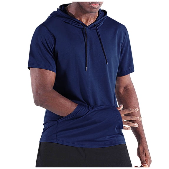 VSSSJ Men's Short Sleeve Hoodies Drawstring Pocket Workout Gym Sweatshirt Muscle Fit Athletic Hooded T-Shirts Pullover Navy XXXL
