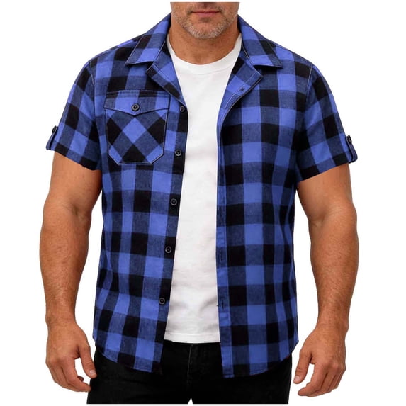 VSSSJ Men's Short Sleeve Plaid Shirts Button Down Shirt Loose Fit Lapel Collar Lightweight Summer Casual Work Tops with Pocket Blue L