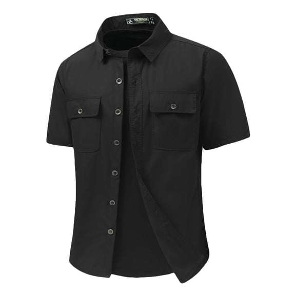 VSSSJ Men's Short Sleeve Shirt Summer Casual Two Pockets Button Down Shirts Lapel Collar Relaxed Fit Lightweight Work Shirts Tops Black M