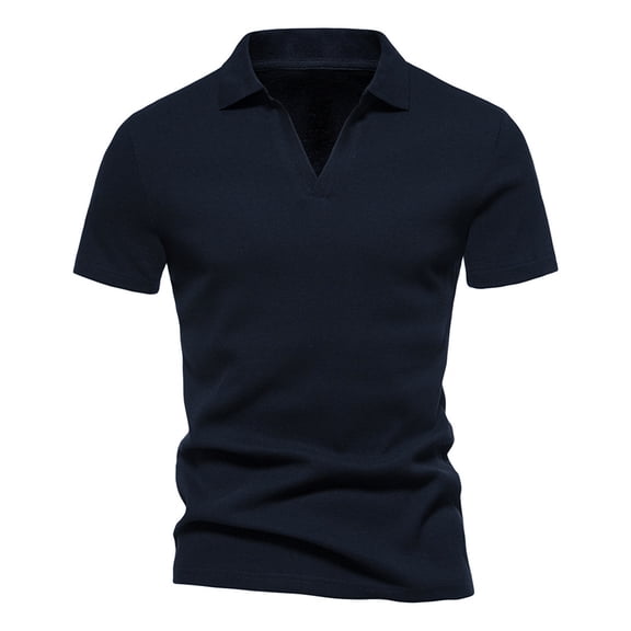 VSSSJ Men's Short Sleeve Shirts Slim Fit Solid Color V-Neck Casual Turndown Collar Tee Top Summer Fashion Lightweight Walking Streetwear Navy M
