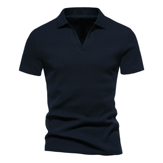 VSSSJ Men's Short Sleeve Shirts Slim Fit Solid Color V-Neck Casual Turndown Collar Tee Top Summer Fashion Lightweight Walking Streetwear Navy XXXXL
