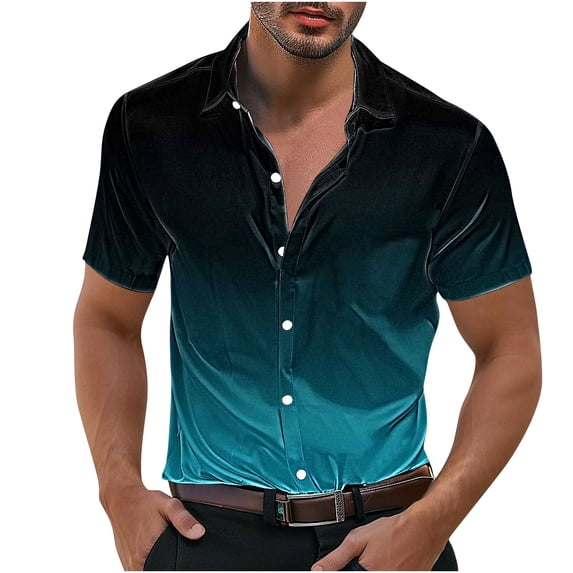VSSSJ Men's Short Sleeve Silk Satin Shirts Stylish Gradient Color Button Down Shirt Relaxed Fit Collared Casual Party Dress Shirts Blue XXXXL