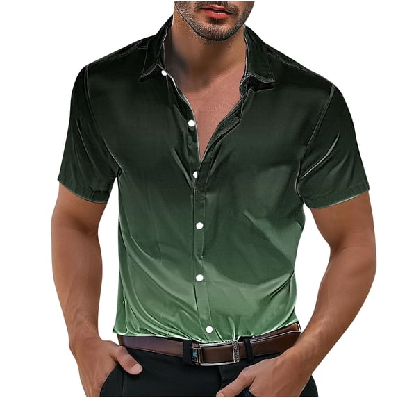 VSSSJ Men's Short Sleeve Silk Satin Shirts Stylish Gradient Color Button Down Shirt Relaxed Fit Collared Casual Party Dress Shirts Green L